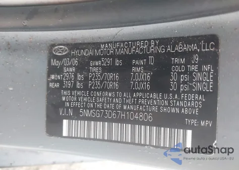 2007 Hyundai Santa Fe Gls из США, поврежденный, VIN 5NMSG73D67H104806